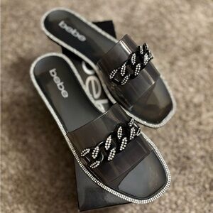 Bebe Black Rhinestone Slide Sandals